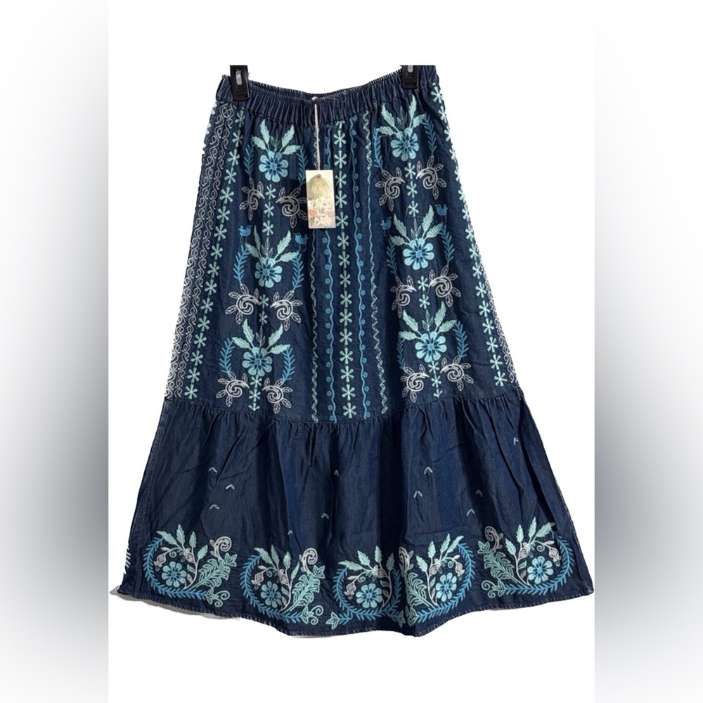 Johnny Was Embroidered Turquoise and Blue Jeans Denim Tiered Maxi Skirt. S. NWT.